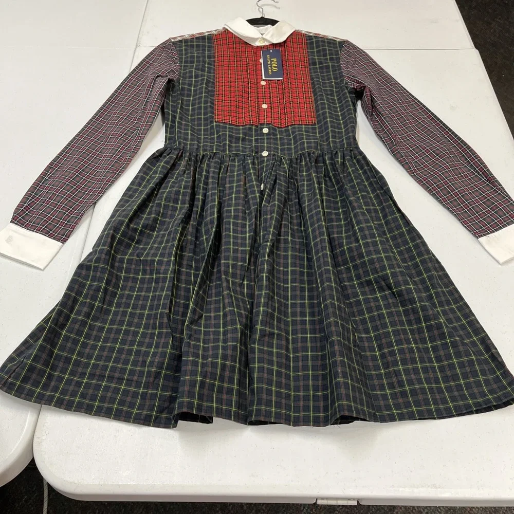 Polo Ralph Lauren Mixed Plaid Button Down Shirt Dress Size 16 Fit‎ Flare Preppy